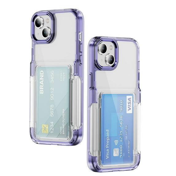 ELEHOLD for iPhone 15 Case,Clear Card Holder Kickstand Credit Card Slot Soft TPU+Hard PC Slim Bumper Anti-Scratch Shockproof Protective Wallet Case for iPhone 15,Purple