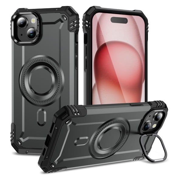ELEHOLD for iPhone 15 Case, Compatible with Mag safe Accessories, Strong Magnetic Military-Grade Drop Protection Invisible Kickstand Shockproof Protective Phone Case,Gray