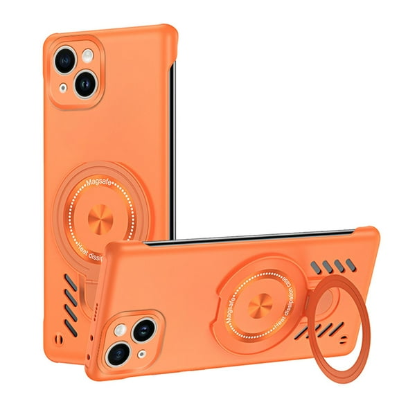 ELEHOLD for iPhone 15 Case,Magnetic Adjustable Ring Holder Kickstand Breathable Hole Slim Heat Radiation Frameless Shockproof Protective Case for iPhone 15,Orange