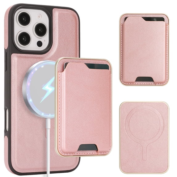 ELEHOLD For iPhone 15 Case with Magnetic Detachab Card Holder, Faux Leather Shockproof Cover Anti-Scratch Slim Wireless Charging Wallet Case , Rosegold