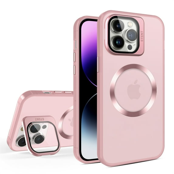 ELEHOLD for iPhone 15 Case Matte Frosted PC Back with Camera Lens Protective Cover Kickstand Function Independent Button Magnetic Shockproof Case Compatible with MagSafe,pink