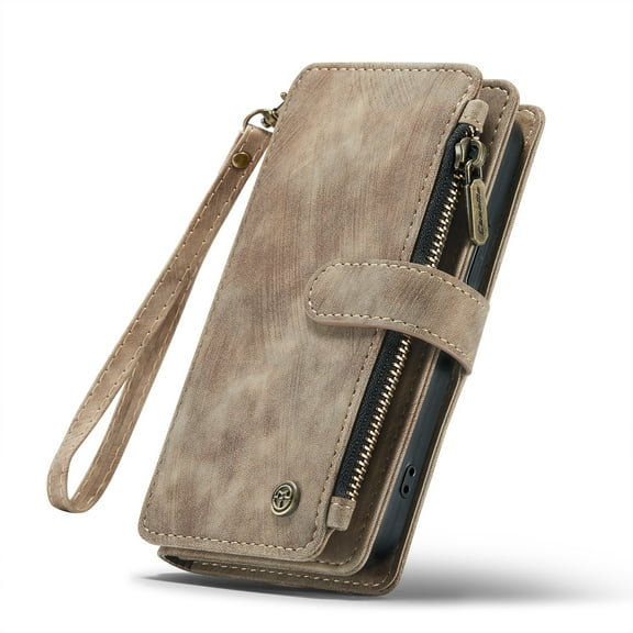 ELEHOLD for iPhone 15 Case for Men Women Wallet Case, Premium Leather Shockproof Purse Case with Credit Card Slots Zipper Pocket Anti-Loss Wriststrap for iPhone 15 -6.1 Inch,Brown