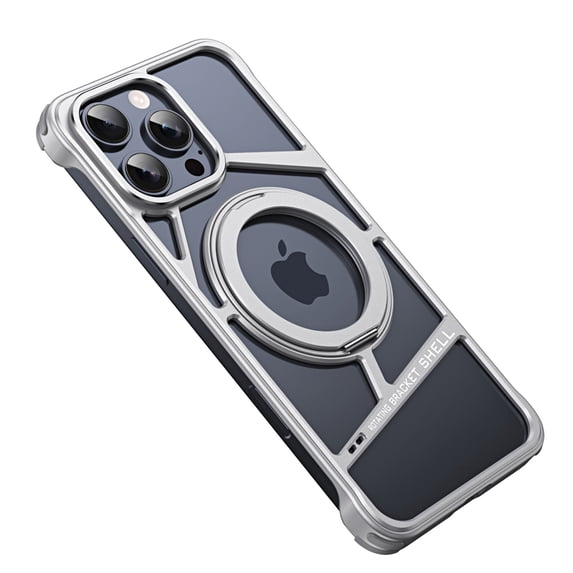 ELEHOLD for iPhone 15 Case,Metal Bumper Frameless 360° Rotation Ring Kickstand Magnetic Aluminium Shockproof Drop Protection Case for iPhone 15 ,Silver