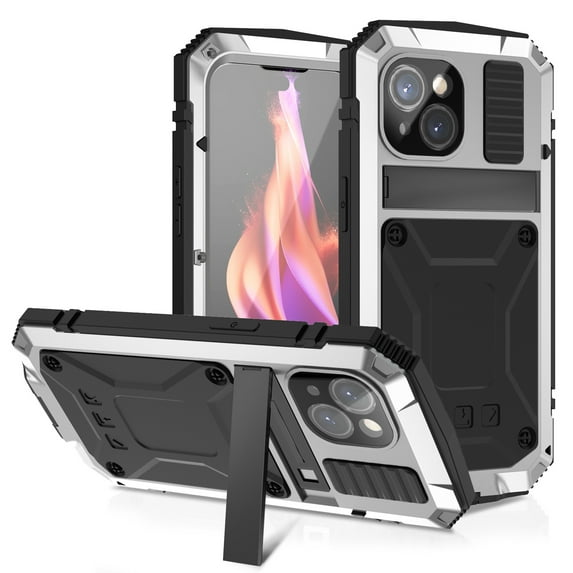 ELEHOLD for iPhone 15 Case,Outdoor Sports Military Heavy Duty Full Body Cover with Built in Tempered Glass Screen Protector Hidden Kickstand Shockproof Dustproof Case for iPhone 15,Silver