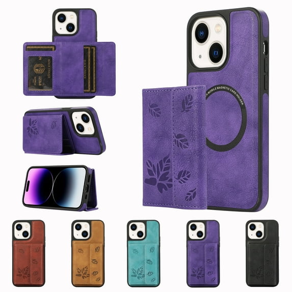 ELEHOLD for iPhone 15 Case PU Leather 2-in-1 Multi-Functional with Magnetic Detachable Card Holder Leaf Pattern Drop Protection Shockproof Wallet Case Compatible with Mag Safe,purple