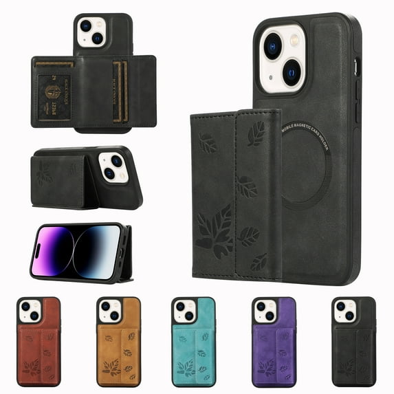 ELEHOLD for iPhone 15 Case PU Leather 2-in-1 Multi-Functional with Magnetic Detachable Card Holder Leaf Pattern Drop Protection Shockproof Wallet Case Compatible with Mag Safe,black
