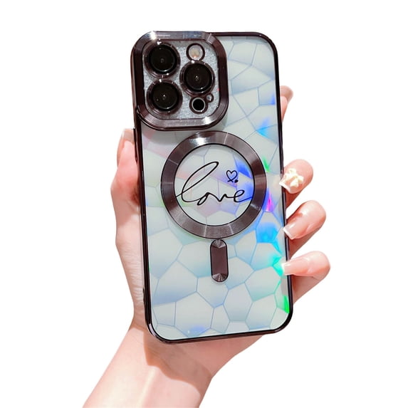 ELEHOLD for iPhone 15 Case Plating Clear Case with Glitter Design Camera Lens Protetive Film Laser Paper Compatible with MagSafe Charging Shockproof Slim Case,black