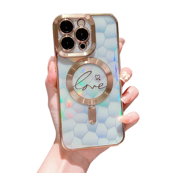 ELEHOLD for iPhone 15 Case Plating Clear Case with Glitter Design Camera Lens Protetive Film Laser Paper Compatible with MagSafe Charging Shockproof Slim Case,gold