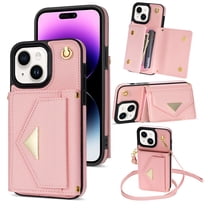 ELEHOLD for iPhone 15 Case Premium Leather Wallet with Back Organ Card Holders Kickstand Function Crossbody Shoulder Strap Luxury Shockproof Women Purse Cover ,pink