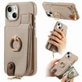 thumbnail image 1 of ELEHOLD for iPhone 15 Luxury Leather Wallet Case with Back Flip Card Slots RFID Blocking Zipper Cash Pocket Stand Function Ring Holder Support Magnetic Car Mount Shockproof Case,khaki, 1 of 9