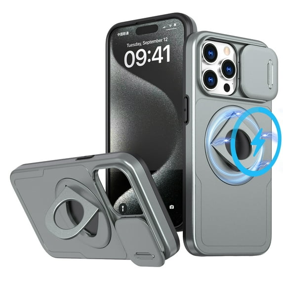 ELEHOLD for iPhone 15 Magnetic Case,Rugged Hard PC Protective Case with Rotation Ring Holder Kickstand Sliding Camera Protector Compatible with Mag Safe for iPhone 15, Gray