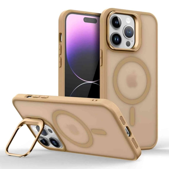 ELEHOLD For iPhone 15 Magnetic Shockproof Case, Micro Frosted Clear Skin-Friendly Rugged Cover, MagSafe Compatible, Invisible Lens Frame Kickstand, Desertgold