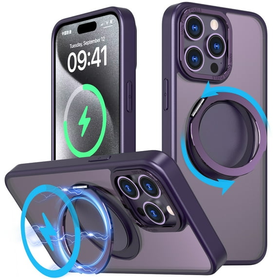 ELEHOLD for iPhone 15 Matte Magnetic Case Compatible with Mag Safe with 360° Rotation Invisible Metal Ring Kickstand Military Grade Drop Protection Shockproof Back Cover for iPhone 15,Purple