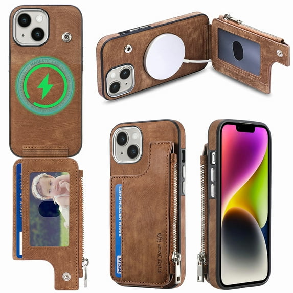ELEHOLD for iPhone 15 Multi-Functional Wallet Case,Premium PU Leather with Card Holders Zipper Storage Magnetic Case MagSafe Charging Compatible iPhone 15 6.1" Full Protective Case,Brown