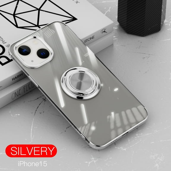 ELEHOLD for iPhone 15 Plating Clear Case,Transparent Case with Ring Holder Kickstand Work with Magnetic Car Mount Shockproof  Protective Cover Phone Case for iPhone 15, Silver
