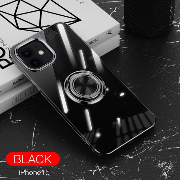 ELEHOLD for iPhone 15 Plating Clear Case,Transparent Case with Ring Holder Kickstand Work with Magnetic Car Mount Shockproof Protective Cover Phone Case for iPhone 15, Black
