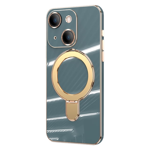ELEHOLD for iPhone 15 Plating Magnetic Case Slim Thin Shockproof with Metal Ring Holder Folding Kickstand All-Inclusive Lens Protection Mag Safe Compatible Protective Cover,grayblue