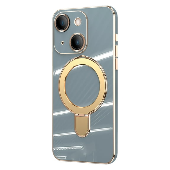 ELEHOLD for iPhone 15 Plating Magnetic Case Slim Thin Shockproof with Metal Ring Holder Folding Kickstand All-Inclusive Lens Protection Mag Safe Compatible Protective Cover,gray