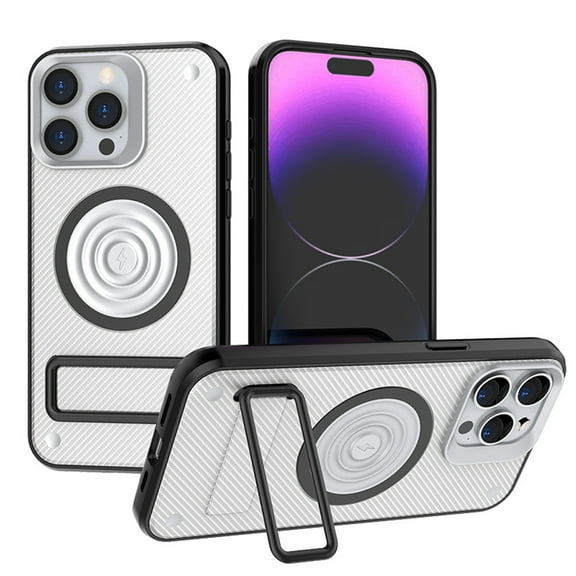 ELEHOLD for iPhone 15 Plus/14 Plus Case Carbon Fiber Texture Slim Thin Lightweight Strong Magnetic Compatible with Mag Safe Invisible Kickstand Shockproof Protective Case,silver