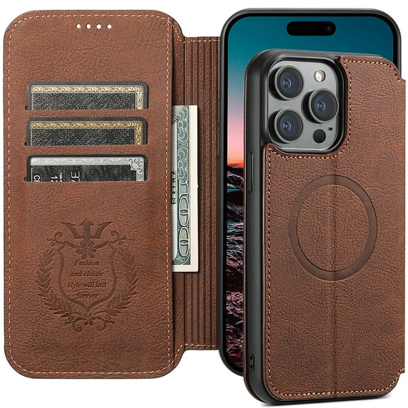 ELEHOLD for iPhone 15 Plus 6.7" Retro Wallet Case Premium Leather with Card Slots Kickstand Function Magnetic Absorption Compatible with MagSafe Charging Shockproof Case for iPhone 15 Plus,Brown