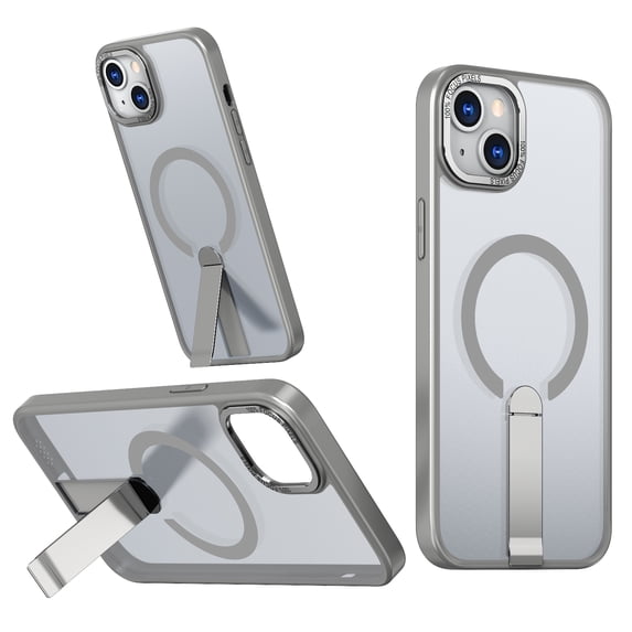 ELEHOLD For iPhone 15 Plus 6.7Inch Slim Shockproof Magnetic Phone Case, Horizontal & Vertical Kickstand Rugged Cover, MagSafe Compatibe, with Metal Lens Ring, Gray