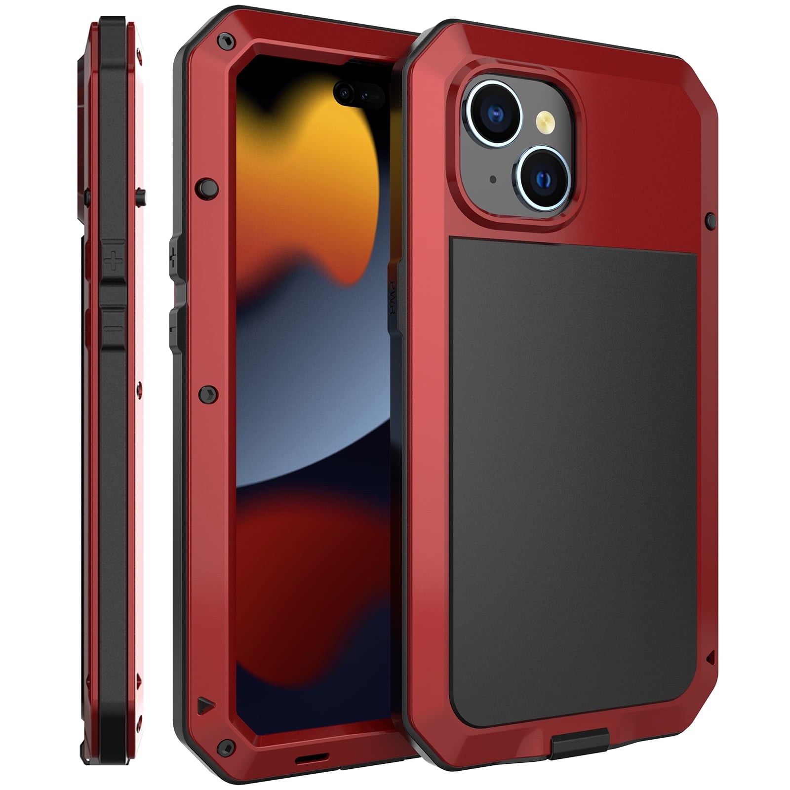 ELEHOLD for iPhone 15 Plus Armor Case, Outdoor Sports 360° Full Body Protective Cover with Tempered Glass Screen Protector Heavy Duty Shockproof Rugged Metal Case for iPhone 15 Plus,  Red