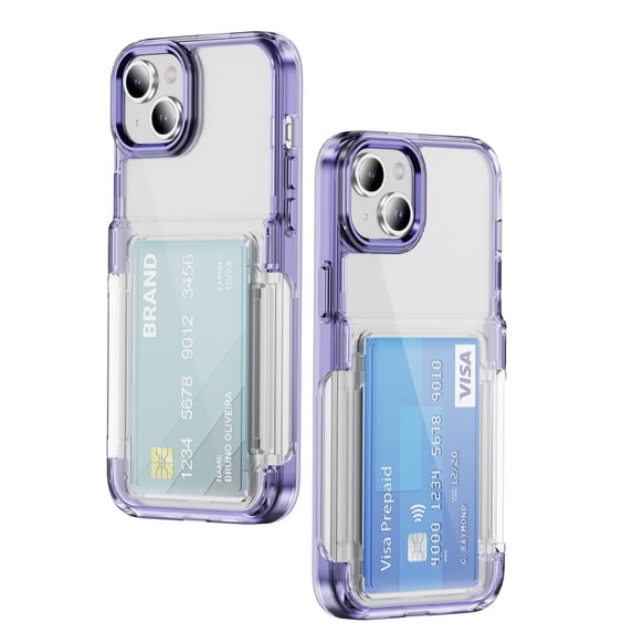 ELEHOLD for iPhone 15 Plus Case,Clear Card Holder Kickstand Credit Card Slot Soft TPU+Hard PC Slim Bumper Anti-Scratch Shockproof Protective Wallet Case for iPhone 15 Plus,Purple