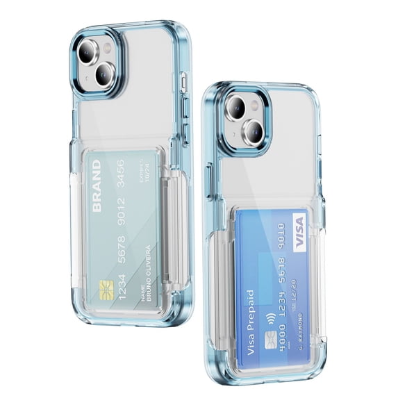 ELEHOLD for iPhone 15 Plus Case,Clear Card Holder Kickstand Credit Card Slot Soft TPU+Hard PC Slim Bumper Anti-Scratch Shockproof Protective Wallet Case for iPhone 15 Plus,Blue