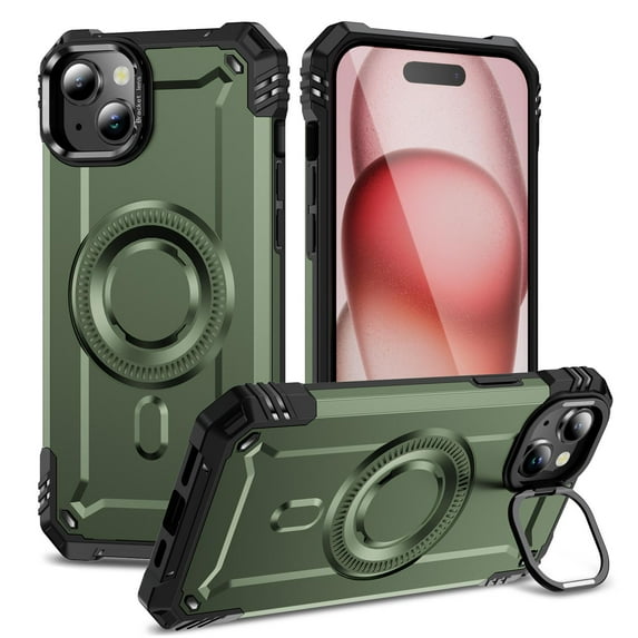 ELEHOLD for iPhone 15 Plus Case, Compatible with Mag safe Accessories, Strong Magnetic Military-Grade Drop Protection Invisible Kickstand Shockproof Protective Phone Case,Armygreen