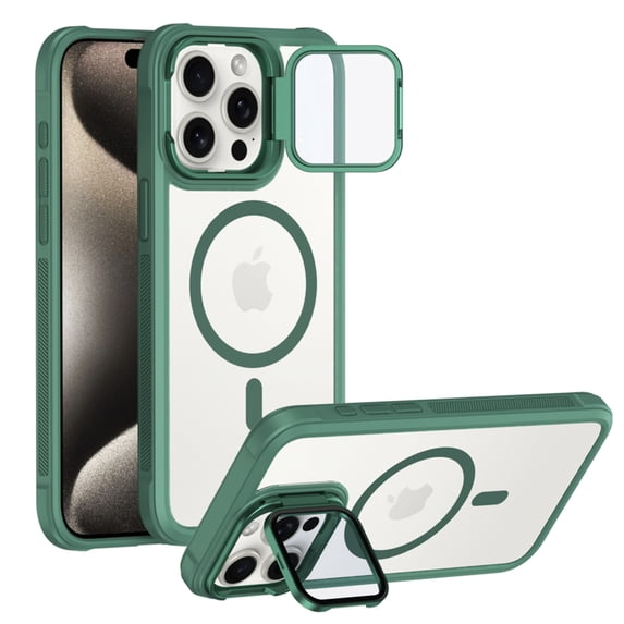 ELEHOLD for iPhone 15 Plus Case,Compatible with Magsafe Clear Adjustable Kickstand Magnetic Slim Non-slip Shockproof Protection Case with HD Lens Protector for iPhone 15 Plus,Green