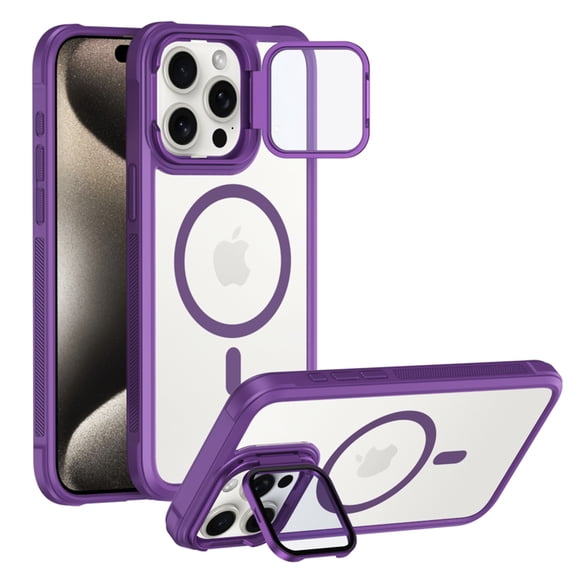 ELEHOLD for iPhone 15 Plus Case,Compatible with Magsafe Clear Adjustable Kickstand Magnetic Slim Non-slip Shockproof Protection Case with HD Lens Protector for iPhone 15 Plus,Purple