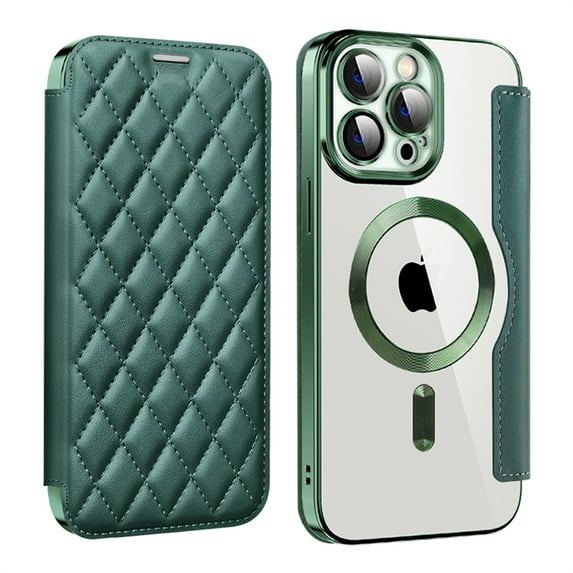 ELEHOLD for iPhone 15 Plus Case Flip Folio Built-in Card Holder RFID Blocking Protective Leather Case Transparent Clear Back Magnetic Compatible with Mag Safe Shockproof Cover,darkgreen
