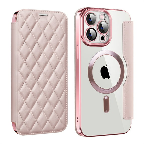 ELEHOLD for iPhone 15 Plus Case Flip Folio Built-in Card Holder RFID Blocking Protective Leather Case Transparent Clear Back Magnetic Compatible with Mag Safe Shockproof Cover,pink