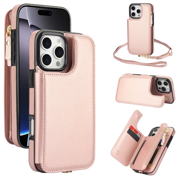 ELEHOLD for iPhone 15 Plus Case,Flip Kickstand RFID Blocking Card Slot Holder Zipper PU Leather Crossbody Wallet Shock-Absorbent Protective Case with Crossbody Strap,Rosegold