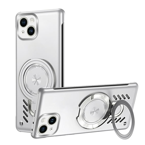 ELEHOLD for iPhone 15 Plus Case,Magnetic Adjustable Ring Holder Kickstand Breathable Hole Slim Heat Radiation Frameless Shockproof Protective Case for iPhone 15 Plus,Silver