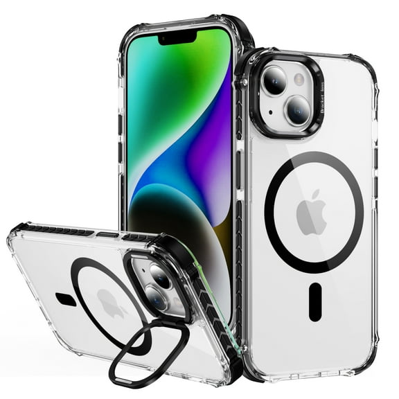 ELEHOLD for iPhone 15 Plus Case,Magnetic Compatible with Mag Safe Accessory Slim Thin Kickstand Shockproof Transparent Bumper Cover Non-Yellowing Shock-Absorbent Case for iPhone 15 Plus,Black
