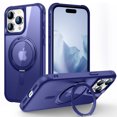 thumbnail image 1 of ELEHOLD for iPhone 15 Plus Case Matte Translucent Cover with 360° Rotatable Foldable Ring Holder Stand Strong Magnetic Compatible with MagSafe Shockproof Protection Case,darkblue, 1 of 7