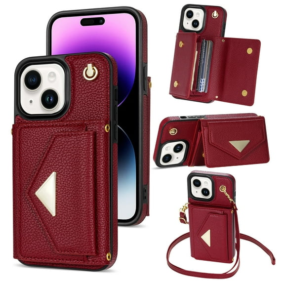 ELEHOLD for iPhone 15 Plus Case Premium Leather Wallet with Back Organ Card Holders Kickstand Function Crossbody Shoulder Strap Luxury Shockproof Women Purse Cover ,red
