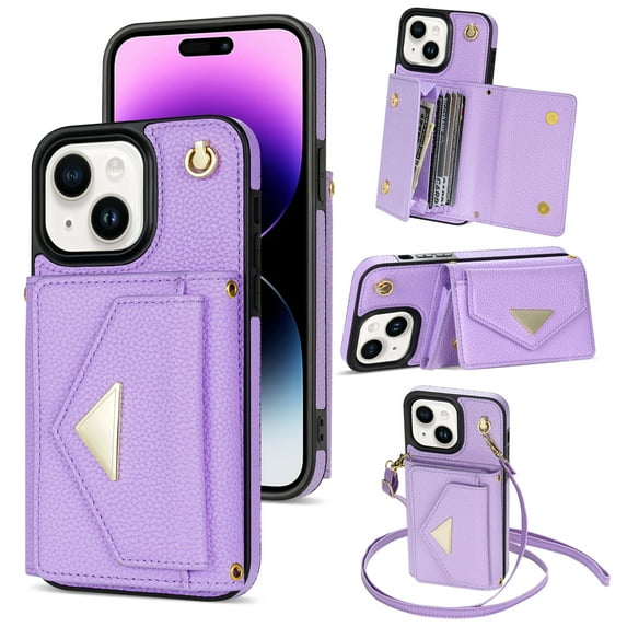 ELEHOLD for iPhone 15 Plus Case Premium Leather Wallet with Back Organ Card Holders Kickstand Function Crossbody Shoulder Strap Luxury Shockproof Women Purse Cover ,purple