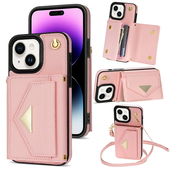 ELEHOLD for iPhone 15 Plus Case Premium Leather Wallet with Back Organ Card Holders Kickstand Function Crossbody Shoulder Strap Luxury Shockproof Women Purse Cover ,pink