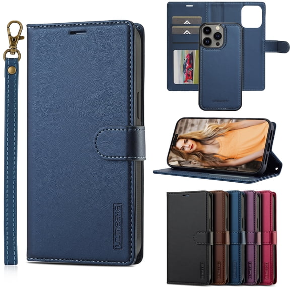 ELEHOLD for iPhone 15 Plus Case, Premium PU Leather Detachable Folio Cover RFID Blocking Card Slots Holder Magnetic Kickstand Full Protective Case with Wrist Strap for iPhone 15 Plus,Blue