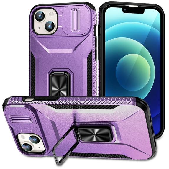 ELEHOLD for iPhone 15 Plus Case with Slide Camera Lens Protector Cover 360° Rotation Metal Ring Kickstand Impact-Resistant Shockproof Drop Protective Support Magnetic Car Mount 6.7" Rugged Case,Purple