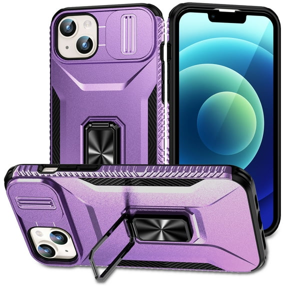 ELEHOLD for iPhone 15 Plus Case with Slide Camera Lens Protector Cover 360° Rotation Metal Ring Kickstand Impact-Resistant Shockproof Drop Protective Support Magnetic Car Mount 6.7" Rugged Case,Purple