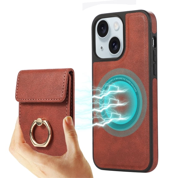 ELEHOLD for iPhone 15 Plus Case Synthetic Leather 2-in-1 Phone Case with Magnetic Detachable Card Holder Ring Holder Stand Drop Protection Shockproof Wallet Case,winered