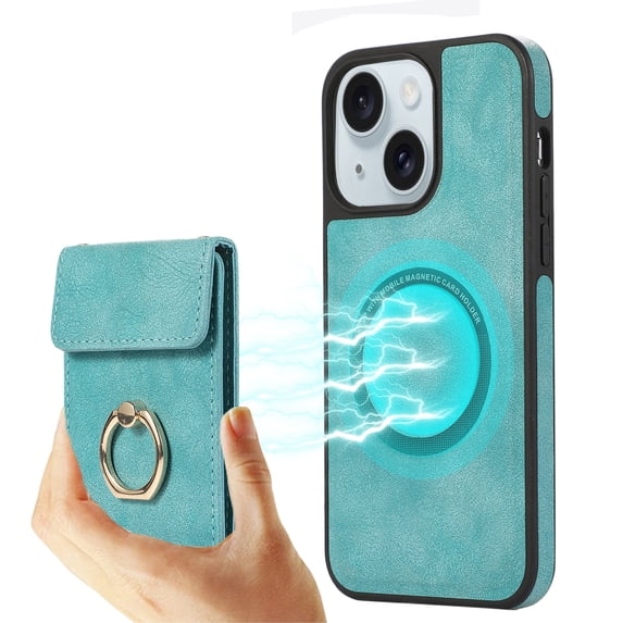 ELEHOLD for iPhone 15 Plus Case Synthetic Leather 2-in-1 Phone Case with Magnetic Detachable Card Holder Ring Holder Stand Drop Protection Shockproof Wallet Case,green