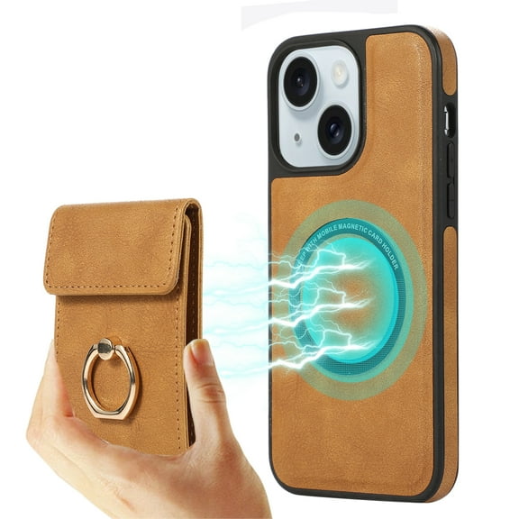 ELEHOLD for iPhone 15 Plus Case Synthetic Leather 2-in-1 Phone Case with Magnetic Detachable Card Holder Ring Holder Stand Drop Protection Shockproof Wallet Case,brown