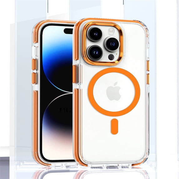 ELEHOLD for iPhone 15 Plus Clear Case Hybrid PC Back Transparent Anti-Yellowing Clear Support Wireless Charging Magnetic MagSafe Slim Shockproof Protective Case,orange