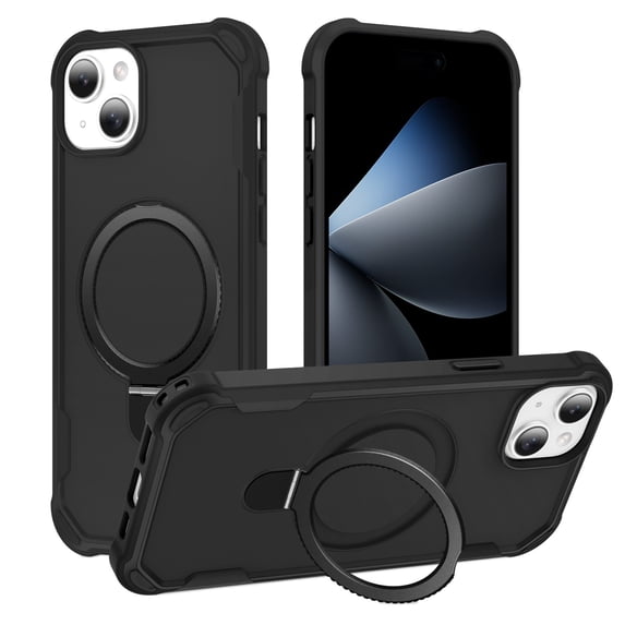 ELEHOLD For iPhone 15 Plus Heavy Duty Shockproof Rugged Case Magnetic Rugged Case, MagSafe Compatible, with Invisible and Adjustable Ring Holder Stand, Black