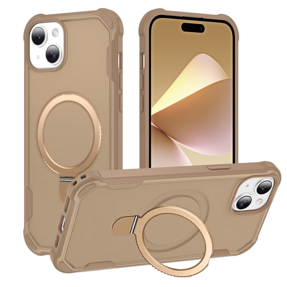 ELEHOLD For iPhone 15 Plus Heavy Duty Shockproof Rugged Case Magnetic Rugged Case, MagSafe Compatible, with Invisible and Adjustable Ring Holder Stand, Desertgold
