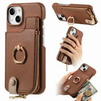ELEHOLD for iPhone 15 Plus Luxury Leather Wallet Case with Back Flip Card Slots RFID Blocking Zipper Cash Pocket Stand Function Ring Holder Support Magnetic Car Mount Shockproof Case,brown